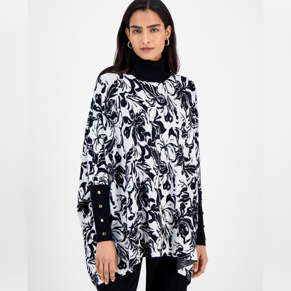 JM COLLECTION WOMEN'S PRINTED TURTLENECK PONCHO SIZE MEDIUM NWT
